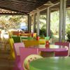 Terrazza esterna di un caffè con sedie e tavoli colorati, circondata da alberi.