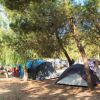 Campeggio tra gli alberi con tende blu e grigie.